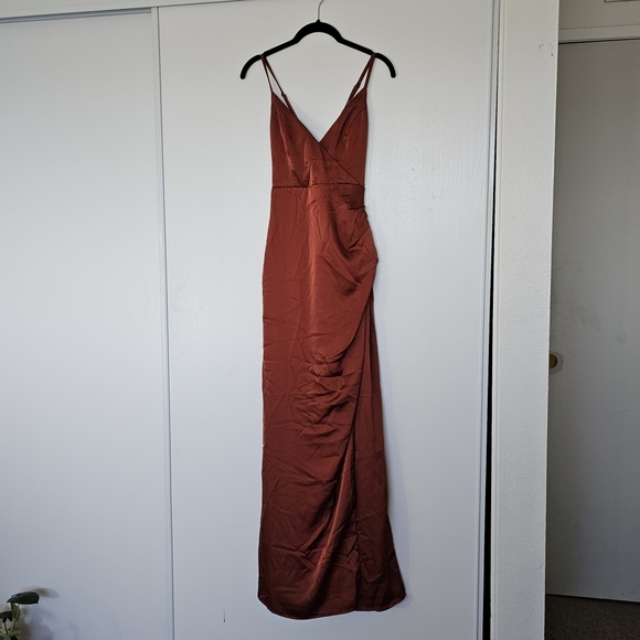 LULUS Elevated Elegance Rust Orange Satin Surplice Tulip Maxi Dress Small - Picture 5 of 6